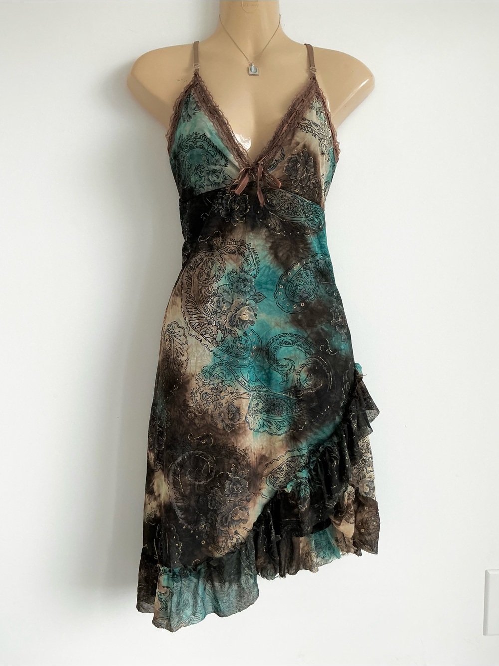 Y2K vintage Paisley Lace Dress gold metallic Teal Brown ruffle asymmetrical